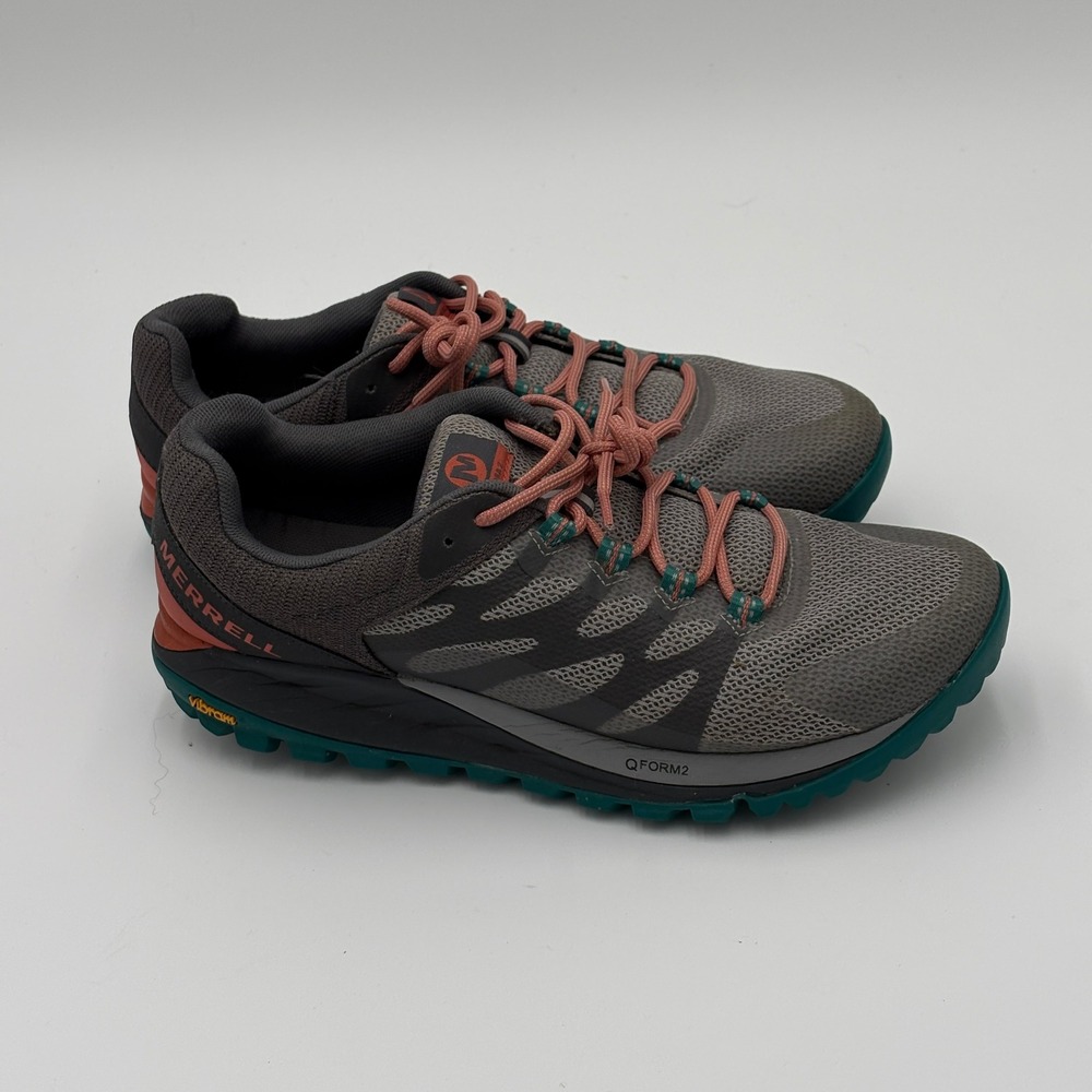 Merrell Womens Antora 2 Trail Running Shoes 9 Gray Teal Coral Hiking - Picture 2 of 6